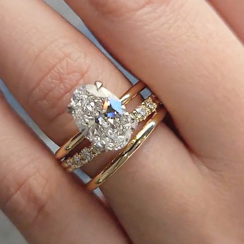 Oval Cut Engagement Ring Set with Eternity Band and Gold Wedding Band 925 Silver Wholesale